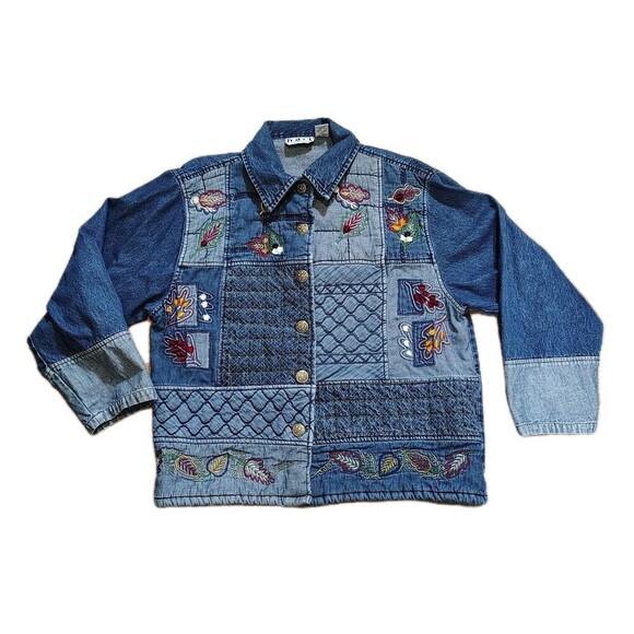 KEREN hart Jackets & Blazers - Keren Hart Womens 90s Patchwork Denim Jacket Size XL Embroidered Boho Cottage